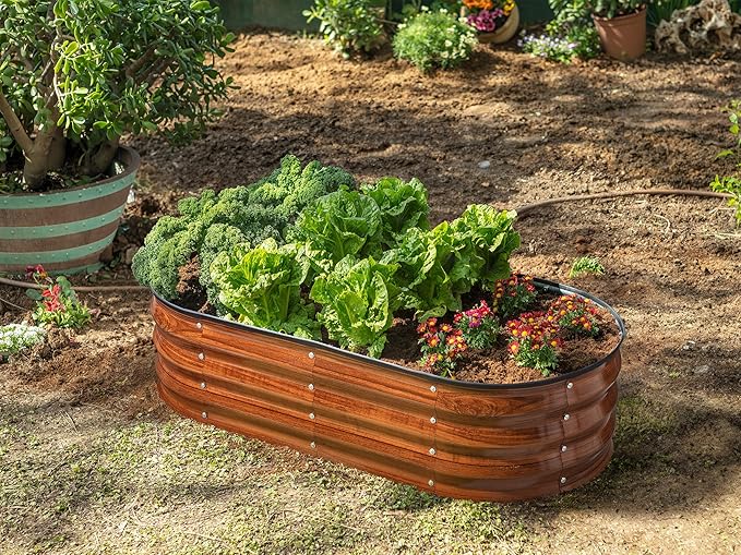 Plant & Plot Galvanized Raised Garden Beds Outdoor // 4×2×1 ft Planter Raised Beds for Gardening, Vegetables, Flowers // Large Metal Garden Box (Dark Wood Grain)
