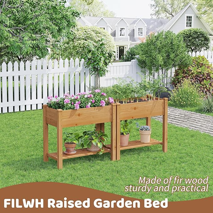 FILWH Raised Garden Bed with Legs Elevated Wooden Planter Box Stand Large Planter Stand Box for Fruits Vegetables Flowers with Divider with Bag - 34x18x30.5IN（Brown）