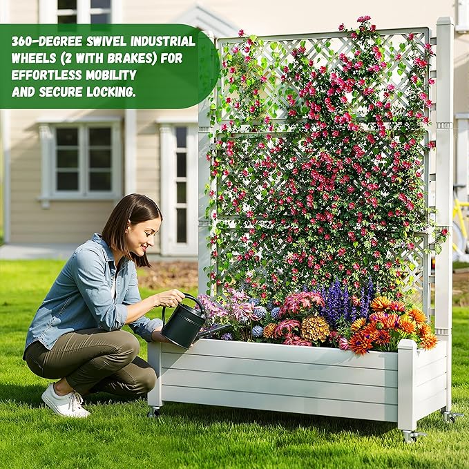EasyUp Raised Garden Bed with Trellis for Climbing Plants,Outdoor Herb Garden Planter with Drainage Plug and Gauge,Durable Dust-Proof Resin for Garden, Patio, Balcony, and Backyard