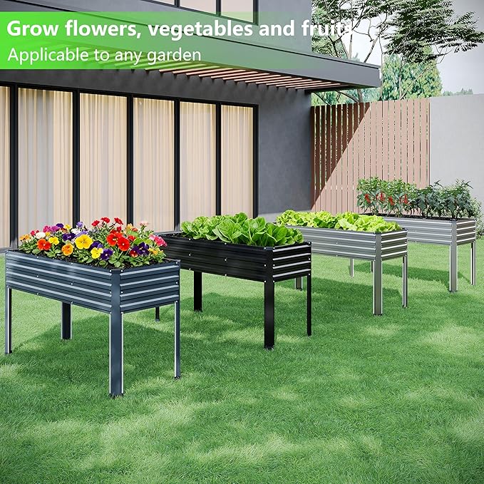 Vengarus Galvanized Raised Garden Bed Outdoor with Legs,48×18×30in Metal Elevated Raised Planter Box for Backyard, Patio, Balcony, 300lb Capacity,Grey(2PCS)