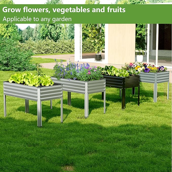 48×24×30in Galvanized Raised Garden Bed,Metal Elevated Planter Box with Legs for Patio,Balcony,Backyard,300lb Capacity,Black
