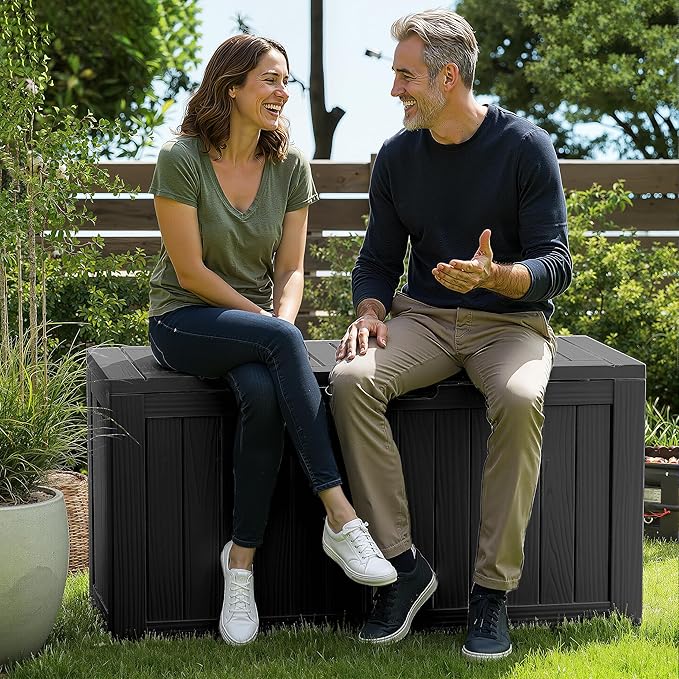 ROJIK Outdoor Storage Housing Deck Box - Waterproof Patio Furniture, Garden Tools, Cushions, Pool Accessories Storage Bench with Lockable Lid and Side Handles (Black 76 Gal)
