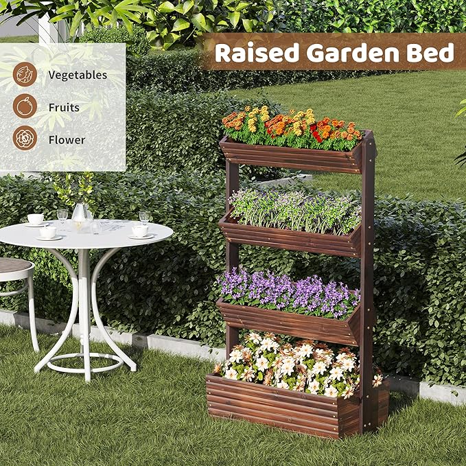 FILWH Wooden Raised Garden Bed Vertical Planter Box, Freestanding Plant Stand for Indoor Outdoor Plants, Herbs, Flowers, Vegetables, Gardening (Carbonized, 4-Tier，29.9 x 17.9 x 55in)