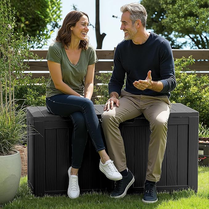 ROJIK Outdoor Storage Box with Wheels,75 Gallon Waterproof Resin Deck Box, Lockable Storage for Patio Cushions,Garden Tools,Pool Accessories,UV-Resistant Storage Bench for Backyard & Deck（Black）