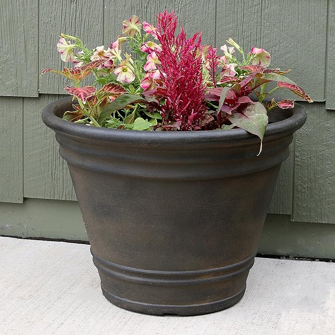 Sunnydaze 20-Inch Franklin Large Plant Pot - Polyresin Round Outdoor Planter with Drillable Drainage Hole - Sable