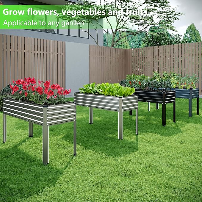 Vengarus Galvanized Raised Garden Bed Outdoor with Legs,48×18×30in Metal Elevated Raised Planter Box for Backyard, Patio, Balcony, 300lb Capacity,Silver(2PCS)