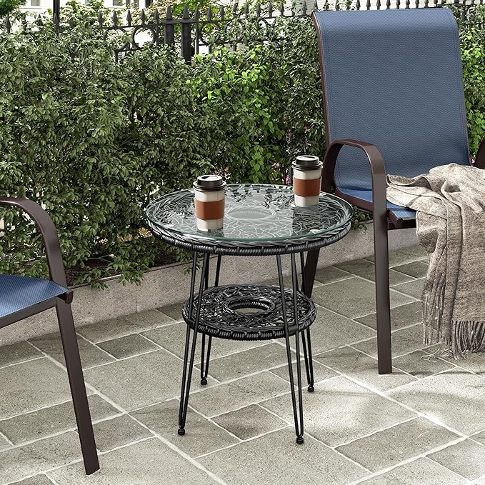 Furniture of America Ysar Boho 19-inch Round Coffee Table Outdoor with Tempered Glass Top and Metal Frame, Handcrafted Coastal Furniture for Patio, Poolside, Garden, Yard, Black