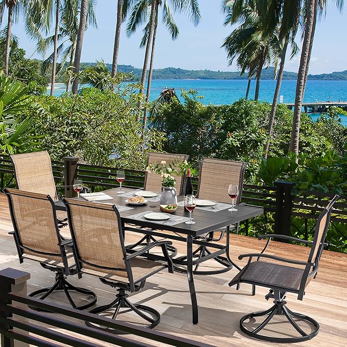 NUU GARDEN 7 Piece Outdoor Dining Set, 6 Swivel Patio Chairs and 1 Dining Table with 1.57 Inch Umbrella Hole, Iron Patio Furniture Set for Lawn Backyard Balcony, Black and Brown