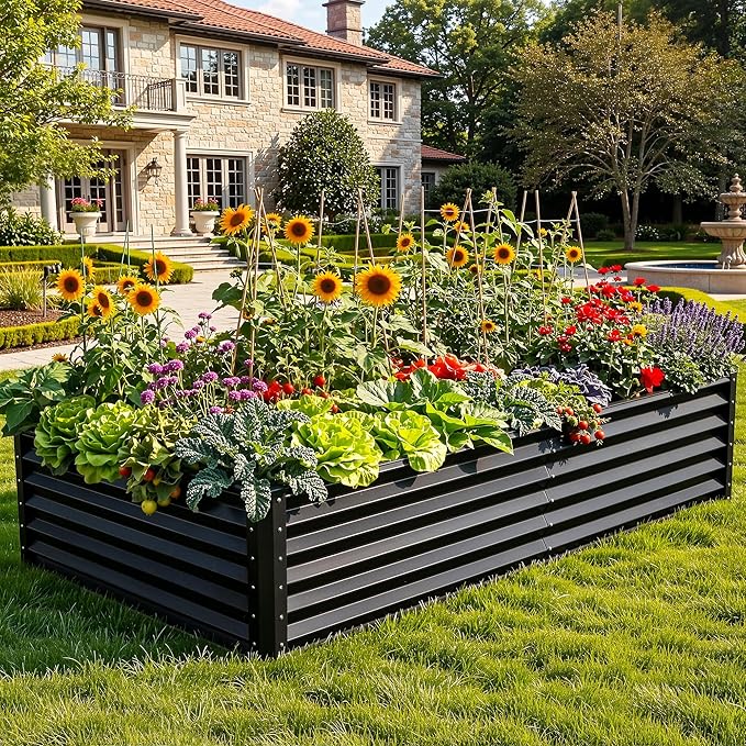 YITAHOME 8x4x1.5ft 2pcs Large Raised Garden Bed Kit, Galvanized Metal Planter Box with Gloves, Ground Nails & Safety Rubber, Outdoor Above Ground Planters for Plants Vegetables Flowers, Black