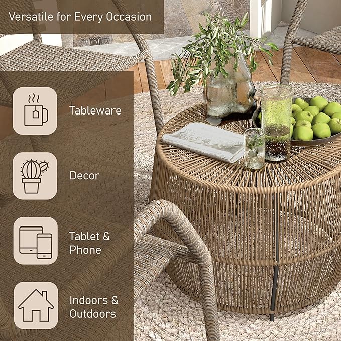 Furniture of America Ysar Boho Rattan Round Coffee Table Outdoor with Metal Frame, All-Weather and Rust Resistant, Handcrafted Coastal Furniture for Patio, Poolside, Garden, Yard, Natural Brown