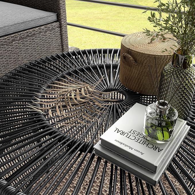 Furniture of America Ysar Boho Rattan Round Coffee Table Outdoor with Metal Frame, All-Weather and Rust Resistant, Handcrafted Coastal Furniture for Patio, Poolside, Garden, Yard, Black
