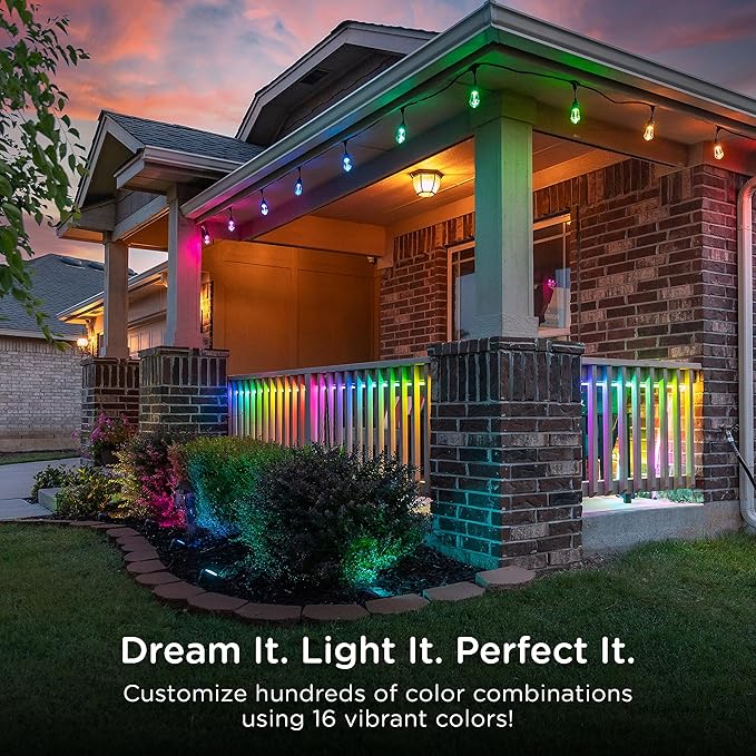 Enbrighten Vintage Outdoor String Lights, 24ft, 12 RGB Acrylic Bulbs, Weatherproof, RF Remote Control, Perfect for Holidays, Gameday, Parties, and More, 37791