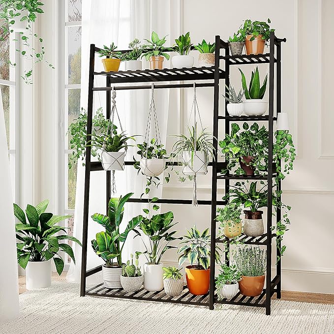 Bamworld Plant Shelf Indoor 55" Tall Bamboo Plant Shelves 5 Tier Hanging Plant Stand Large Ladder Shelf Flower Stand Plant Holder Plant Rack for Garden Balcony Home Decor Living Room Bedroom Black