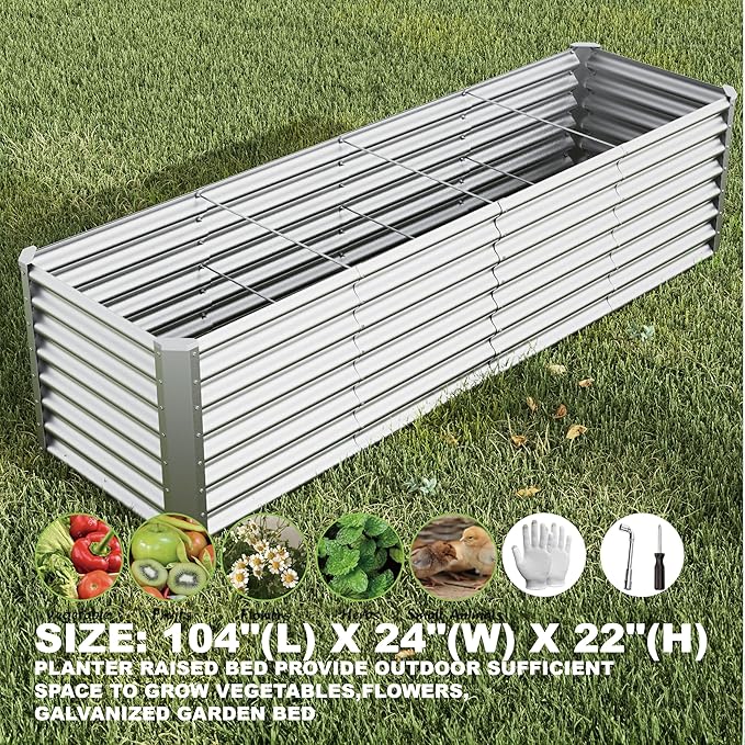 8x2x2ft Raised Garden Bed Kit, Galvanized Planter Garden Boxes Outdoor, Metal Raised Garden Beds for Vegetables,Fruits, Flower,Silver