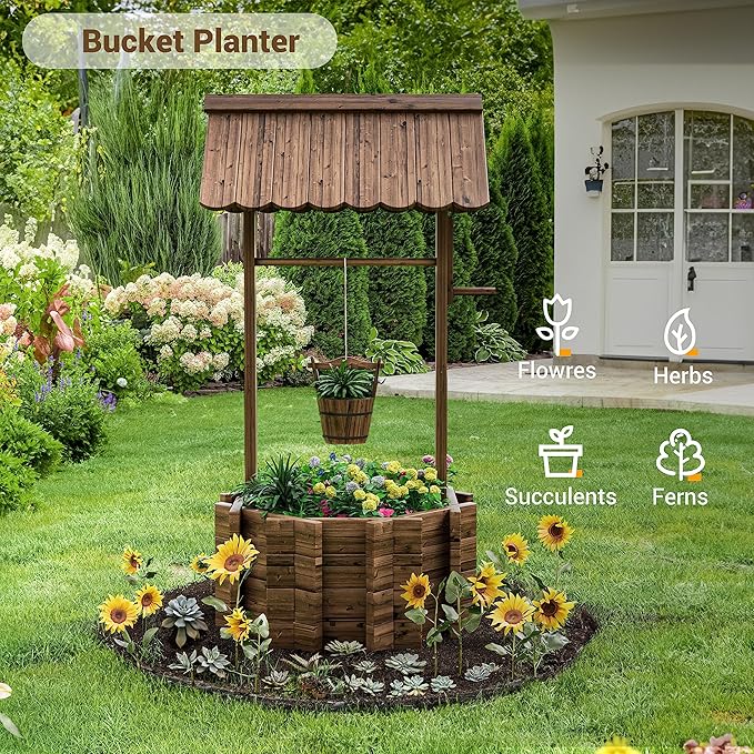 UDPATIO Wishing Wells for Outside, Wooden Wishing Well Planter for Yard, Upgrade Wishing Well with 4 Reinforced Rod & Hanging Bucket for Garden Patio Lawn Backyard Home Decor