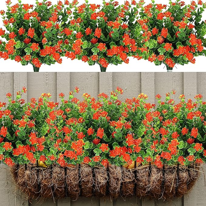 20 Bundles Artificial Fall Flowers Outdoor Fake Flowers, UV Resistant No Fade Faux Plastic Greenery Shrubs Plants for Hanging Garden Porch Window Box Outside Decoration,Home Indoor Decor Orange