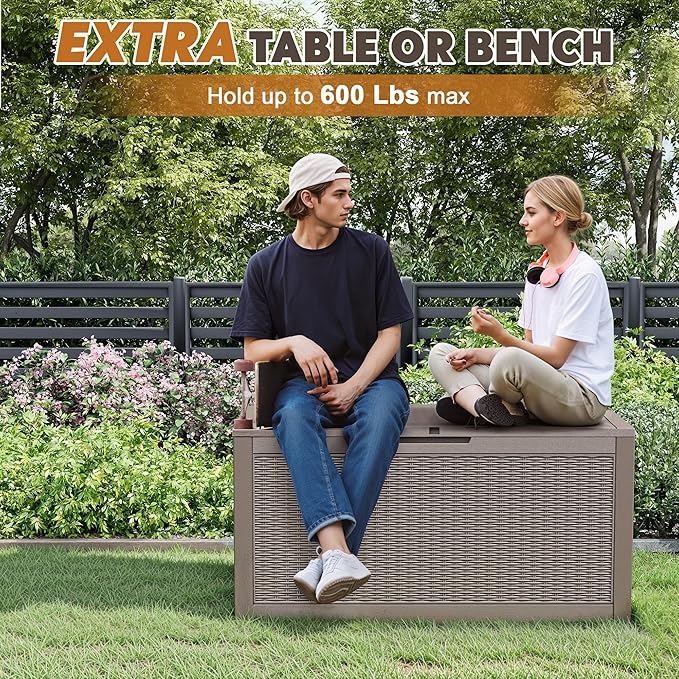 Outdoor Storage Box, Resin Deck Boxes Indoor and outdoor, Waterproof Storage Box Lockable Lid (Grey, 101 Gallon)