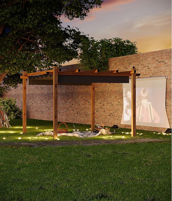 GarveeLife 10 x 13 ft Wood-Grain Aluminum Pergola with Retractable Waterproof Canopy UV Protection Rust-Resistant Sturdy 4-Side Base for Patio Garden Backyard Deck (Gray)