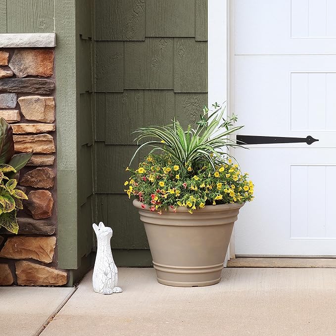 Sunnydaze 20-Inch Franklin Large Plant Pot - Polyresin Round Outdoor Planter with Drillable Drainage Hole - Beige