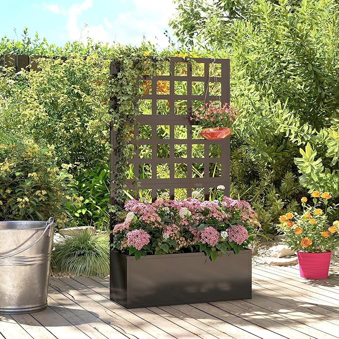 Outsunny Galvanized Raised Garden Bed with Trellis, Metal Planter Box with Drainage Holes, Outdoor Privacy Screen for Climbing Plants, Vegetable, Vines, 24" x 9" x 44.5", Black
