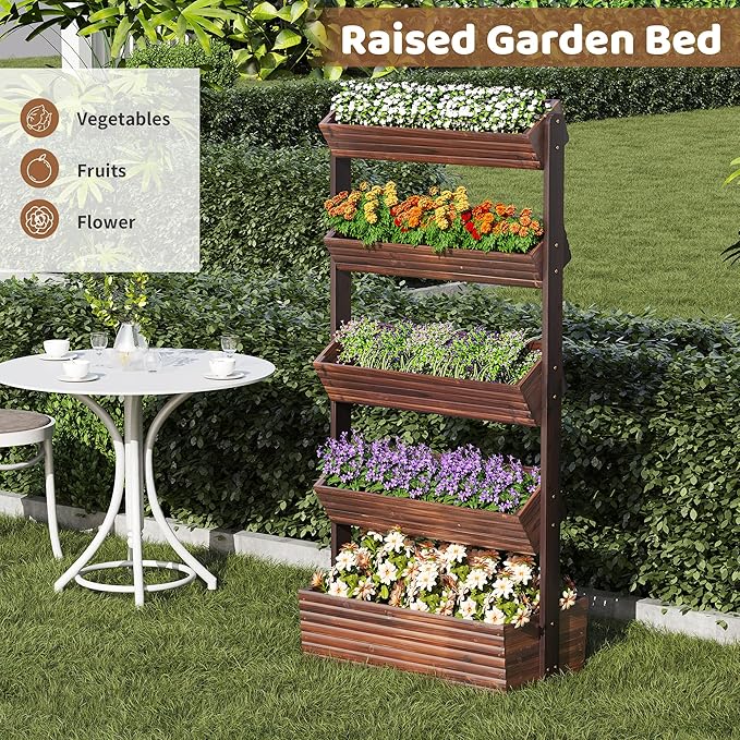 FILWH Wooden Raised Garden Bed Vertical Planter Box, Freestanding Plant Stand for Indoor Outdoor Plants, Herbs, Flowers, Vegetables, Gardening (Carbonized, 5-Tier，29.9 x 17.9 x 68in)