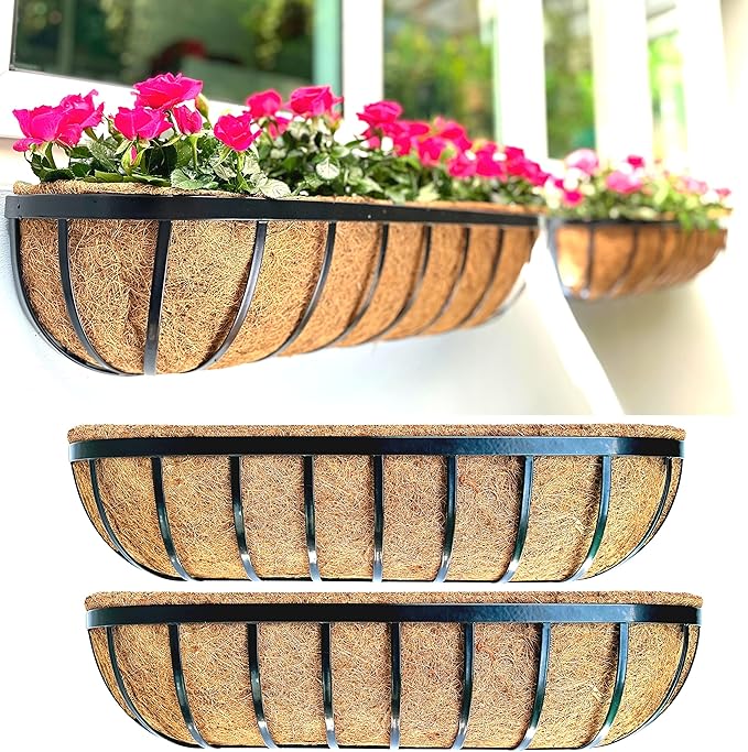 LaLaGreen Outdoor Wall Planter - 30 Inch, 2 Pack Black Metal Window Boxes Planters Attach to House, Large Flower Basket Deck Railings Hanging with Coco Liner Horse Troughs Fence Balcony Patio Porch