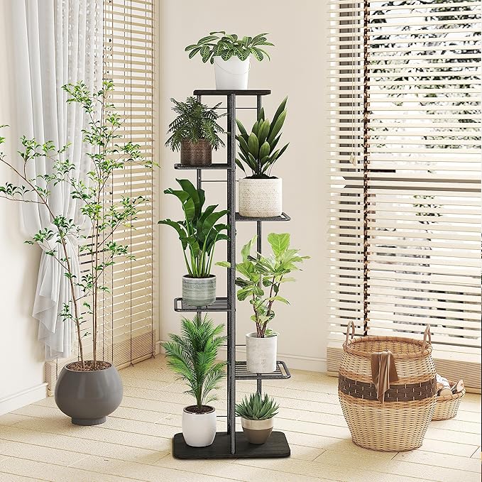 Simple Trending Plant Stand Shelf Indoor Outdoor Waterproof, 6-Tier 7 Potted Heavy Duty Metal Tall Flower Holder for Multiple Corner Display