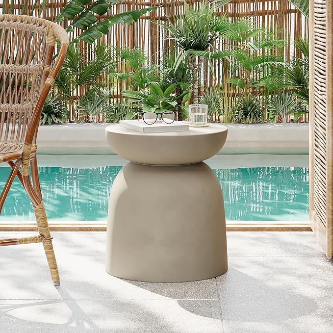 Christopher Knight Home Stela Patio Lightweight Concrete Drum Side Table, Outdoor MGO End Table, Coffee Table for Chat Set, Round Top Cement for Outside, Garden, Poolside, Light Grey