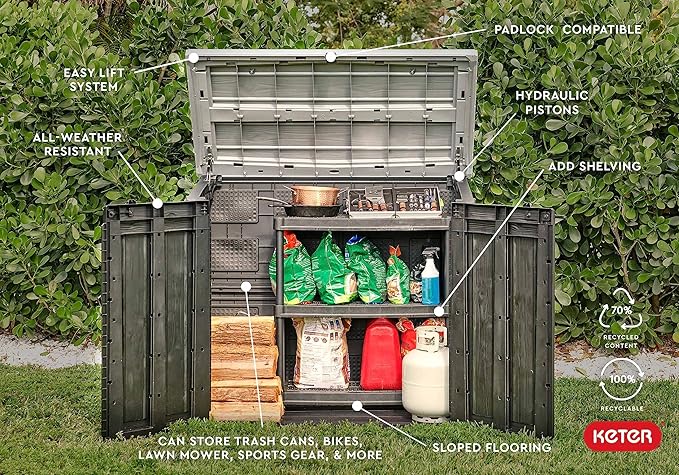 Keter Store-It-Out Prime XL 4.75 x 2.6 Foot Resin Outdoor Storage Shed with Double Doors and Easy Lift Hinges, Perfect for Trash Cans, Garden and Yard Tools, and Pool Toys, Black