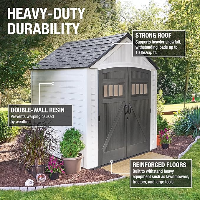 Rubbermaid Resin Outdoor Storage Shed With Floor (7 x 7 Ft) Weather Resistant, White, Organization for Home/Backyard/Garden Tools/Lawn Mower/Bike Storage/Pool Supplies