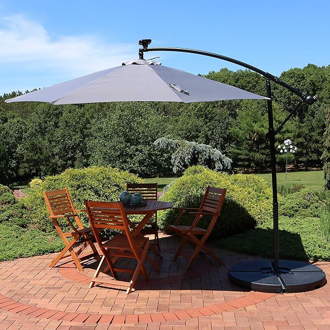 Sunnydaze 10' Solar Offset Patio Umbrella - Solar Cantilever Umbrella Outdoor with LED Lights - Polyester Shade, Air Vent, & Cross Base