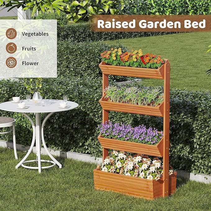 FILWH Wooden Raised Garden Bed Vertical Planter Box, Freestanding Plant Stand for Indoor Outdoor Plants, Herbs, Flowers, Vegetables, Gardening (Reddish Brown, 4-Tier，29.9 x 17.9 x 55in)