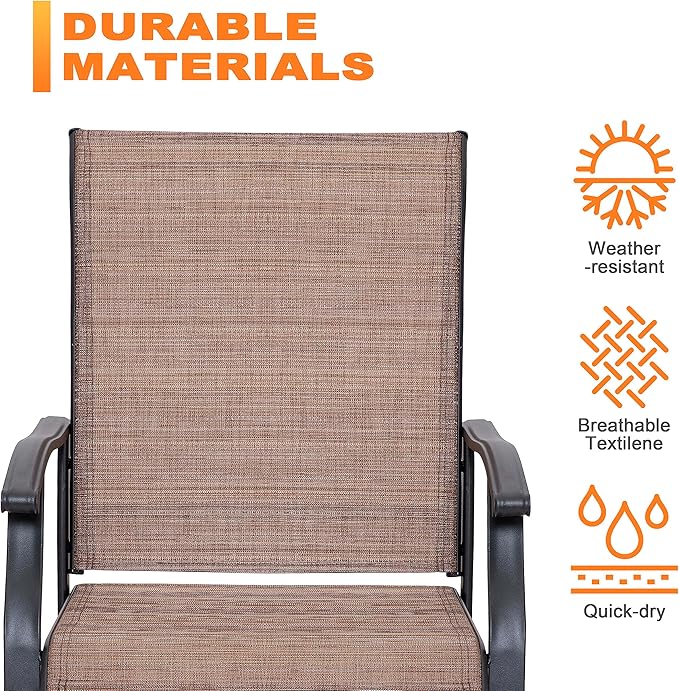 NUU GARDEN Outdoor Patio Dining Set, 4 Swivel Textilene Dining Chairs and 37" Square Dining Table with 1.57'' Umbrella Hole, Powder Coated Iron Frame, for Patio, Garden, Backyard, Black and Brown