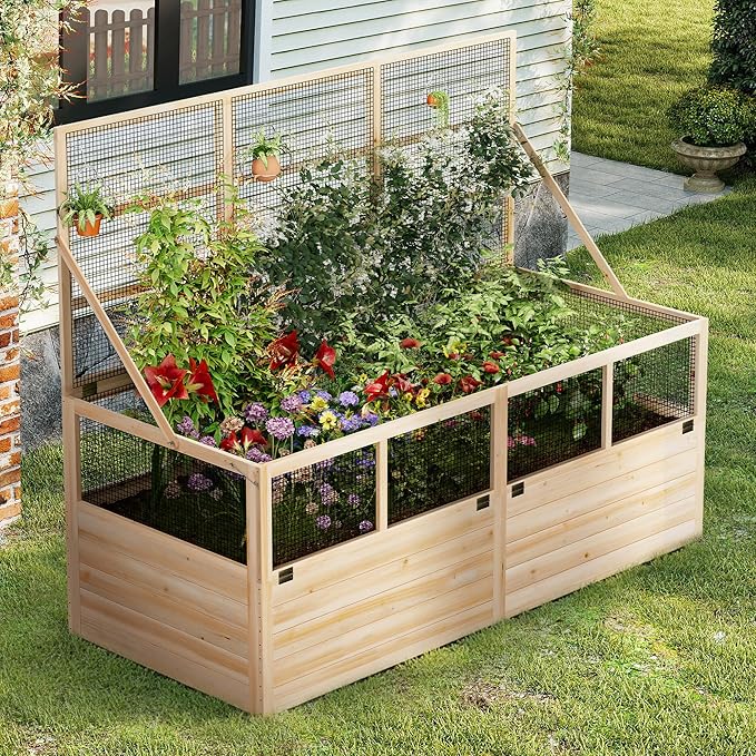 AMERLIFE Raised Garden Bed with Hinged Fencing and Trellis, 18 Inch Deepened Wood Planter Box, 2 PCS Flip-up Front Panel, Easy Assembly, Ideal for Seed Starting and Growing Vegetables & Fruits