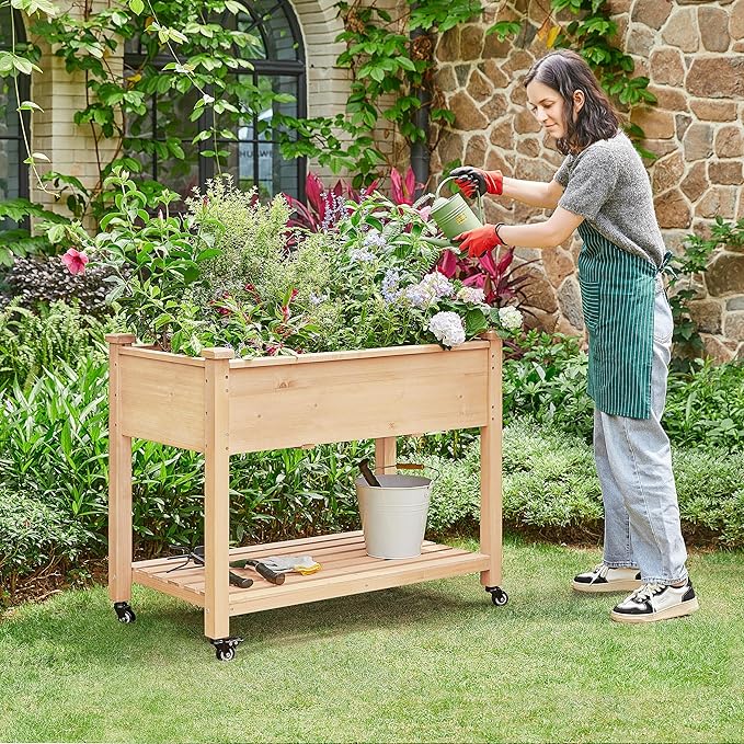 Yaheetech 42x23x33in Wooden Raised Garden Bed with Wheels Horticulture Flower Planter Boxes Elevated Vegetables Growing Bed for Grow Herbs and Vegetables, 2 PCS