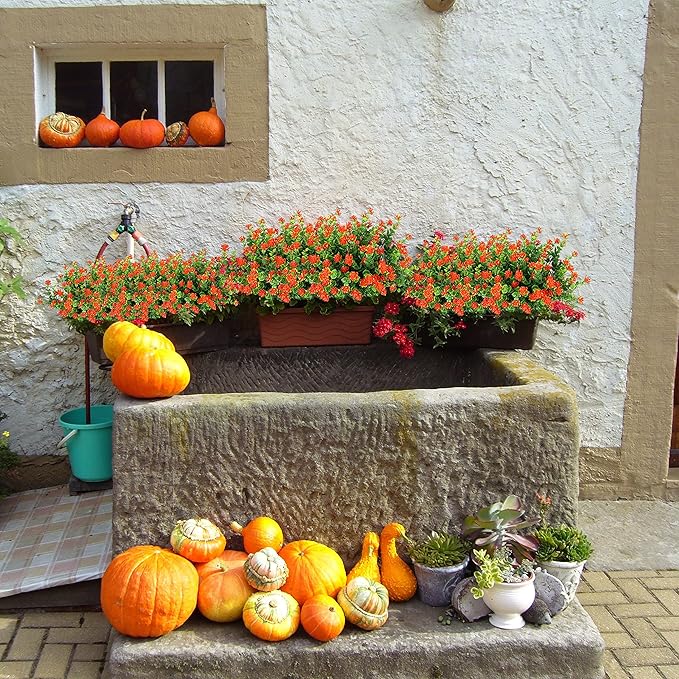 20 Bundles Artificial Fall Flowers Outdoor Fake Flowers, UV Resistant No Fade Faux Plastic Greenery Shrubs Plants for Hanging Garden Porch Window Box Outside Decoration,Home Indoor Decor Orange