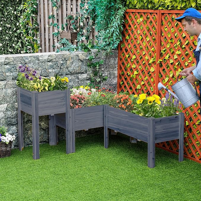 Outsunny Raised Garden Bed Set of 3, Wooden Elevated Planter Box with Legs and Bed Liner, for Backyard and Patio to Grow Vegetables, Herbs, and Flowers, Gray