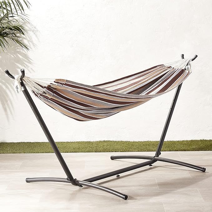 Amazon Basics Double Hammock with 9-Foot Space Saving Steel Stand and Carrying Case, 2 Person, 450 lb Capacity, Cream Wave, 110" x 47" x 43"