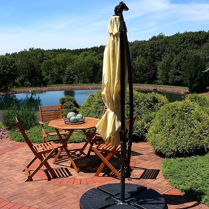 Sunnydaze 10' Solar Offset Patio Umbrella - Solar Cantilever Umbrella Outdoor with LED Lights - Polyester Shade, Air Vent, & Cross Base
