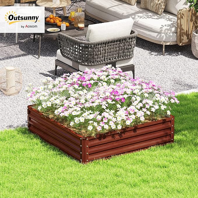 Outsunny Galvanized Raised Garden Bed, 4' x 4' x 1' Metal Planter Box, for Growing Vegetables, Flowers, Herbs, Succulents, Natural Wood