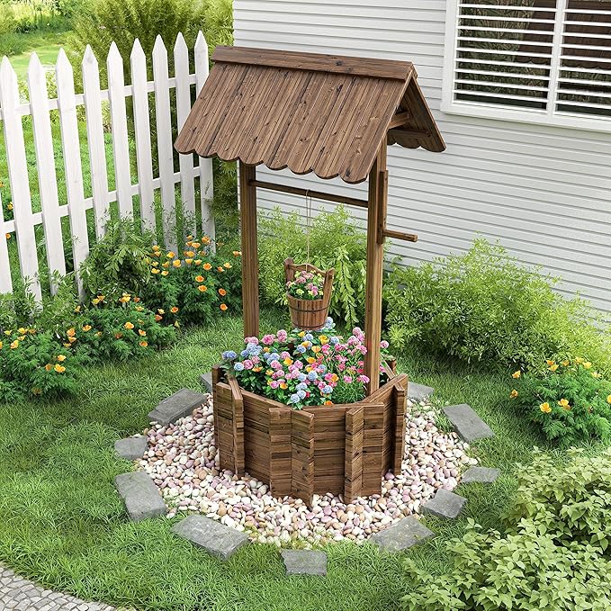 UDPATIO Wishing Wells for Outside, Wooden Wishing Well Planter for Yard, Upgrade Wishing Well with 4 Reinforced Rod & Hanging Bucket for Garden Patio Lawn Backyard Home Decor