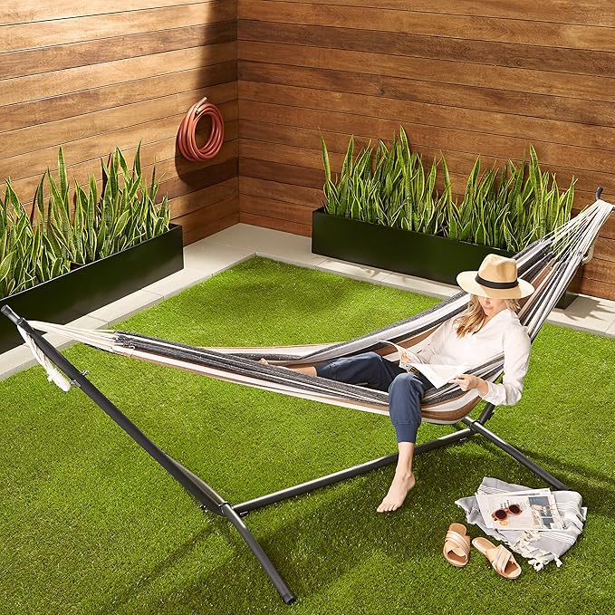 Amazon Basics Double Portable Hammock with Space Saving Steel Stand and Carrying Case, 2 Person, 470lb Capacity, Multi Color, 118" x 46" x 39"